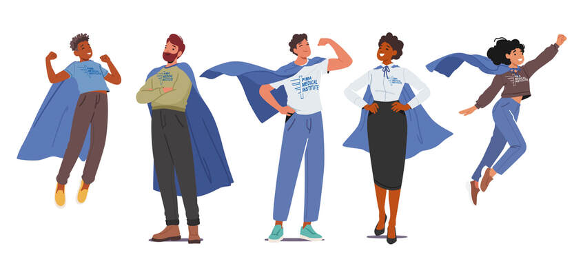 Image of 5 individuals in Pima Medical Institute shirts with blue capes showing that everyone at PMI is a superhero.